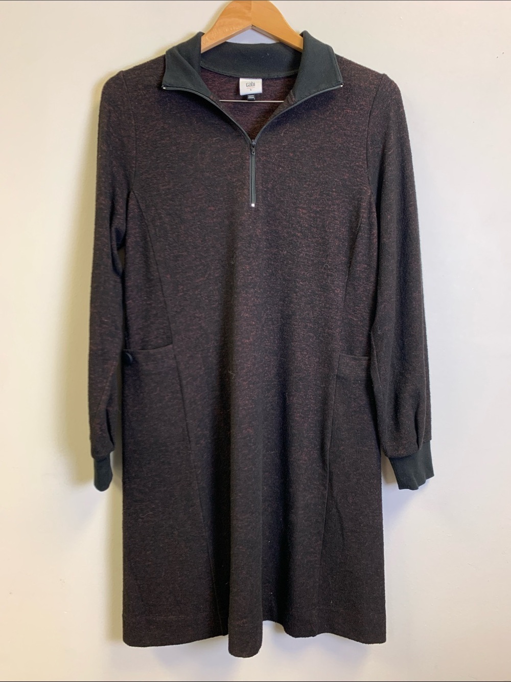 CAbi Long Sleeve Quarter-Zip Knit Dress in Dark Heathered Brown